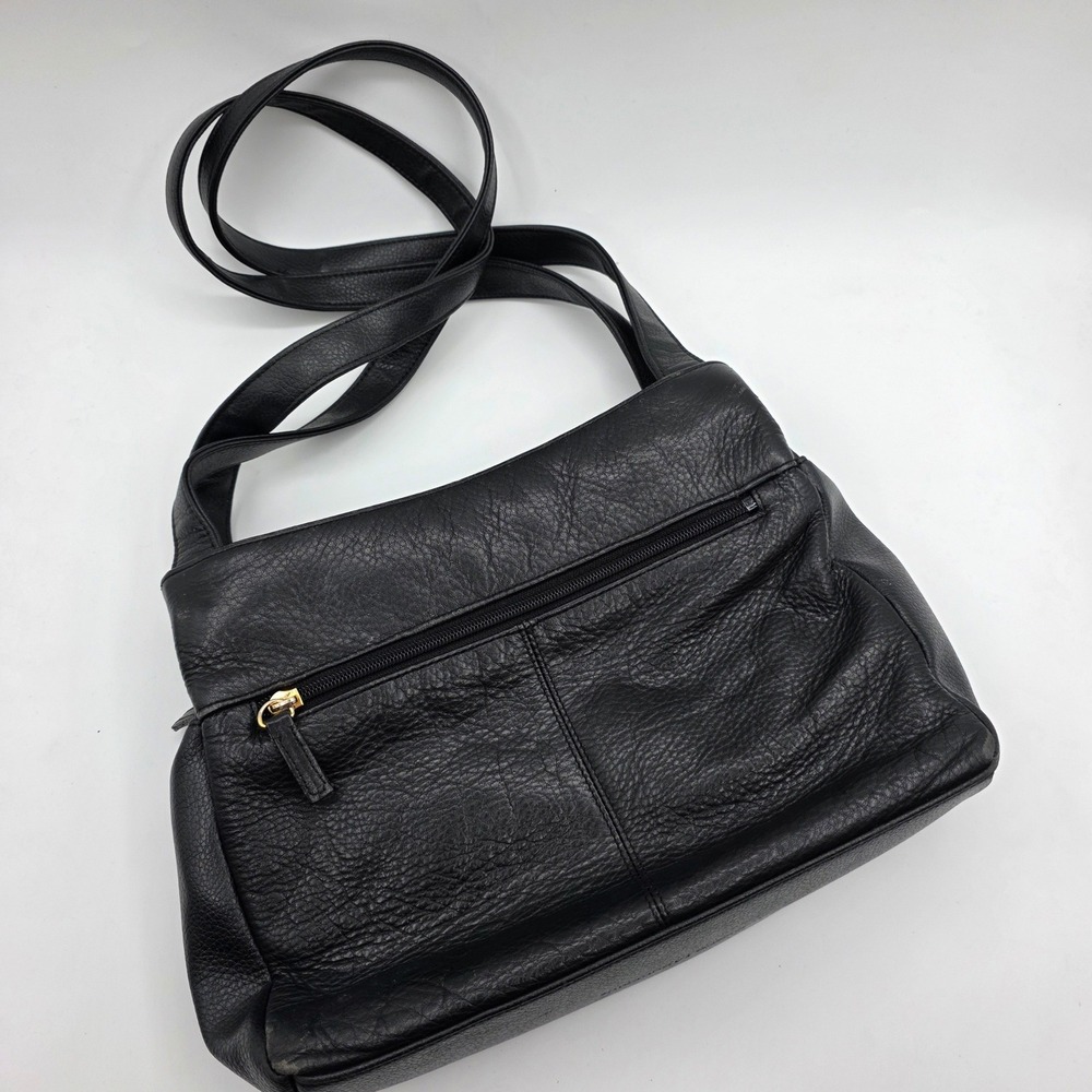 Stone Mountain Black Pebbled Leather Crossbody Organizer Shoulder Bag Gold Tone